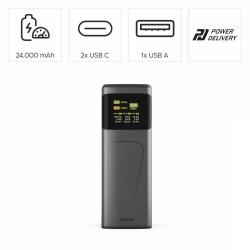HAMA Външна батерия “High Power”, 150 W, 24000 mAh, 2x USB-C, USB-A, бързо зареждане