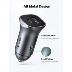 Ugreen зарядно за кола Fast Charger Car - Type-C + USB QC3.0, Power Distribution 30W CD130 - 40858