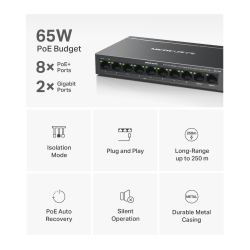 8-портов 10/100 Mbps + 2-портов Gigabit Desktop комутатор Mercusys MS110CP с 8 PoE+ порта
