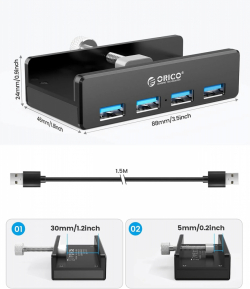 Orico хъб USB 3.0 HUB Clip Type 4 port - aux Micro-USB power input, Black - MH4PU-P-BK