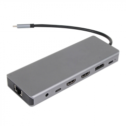 VCom докинг станция Docking Station USB-C 13-in-1 - CU4706 - HDMI x 2, DP, USB3.0 x 3, USB-C, USB2.0, RJ45, SD/TF, PD100W, Audio, L-Shape USB-C