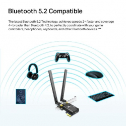 Безжичен адаптер TP-LINK Archer TX20E, PCIe, 1800Mbps, Wireless AX, 2.4GHz /5GHz, BT 5.2, 2x външни антени                          