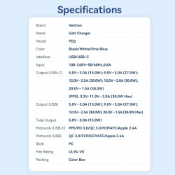 Vention зарядно за стена Charger Wall GaN - QC3.0 + Power Distribution Type-C 30W - FEQW0-EU