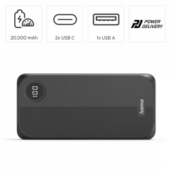 HAMA Външна батерия 20000 mAh, 3 изхода: 2 x USB-C, 1 x USB-A, черна