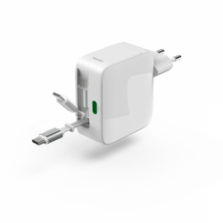 HAMA Бързо зарядно, 30 W, GaN, 2x USB-C, с разтегателен кабел 0.7м, бял