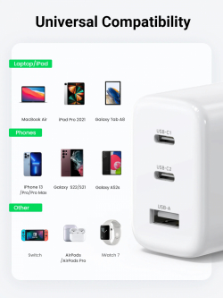 Ugreen универсално зарядно за стена Charger Wall 65W GaN CD275, 1 x USB-A, 2 x Type-C - 90496