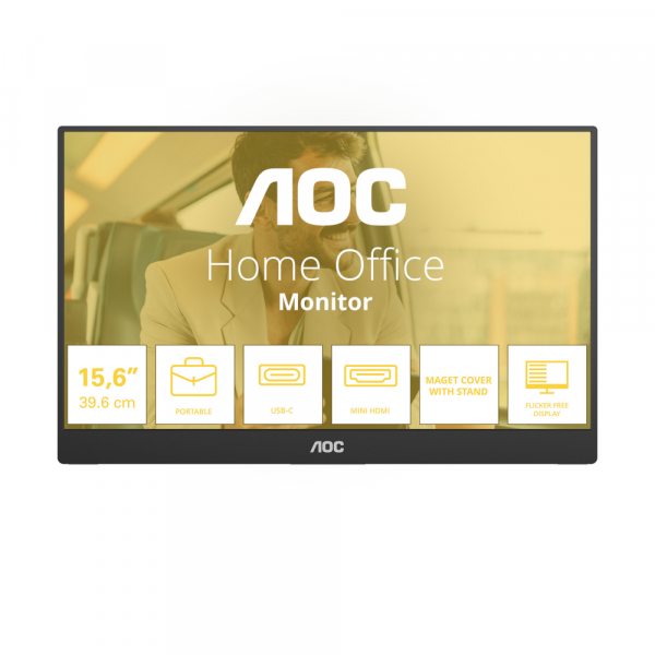 Монитор AOC 16T20E2, 15.6 inch portable monitor, IPS panel, AG, FHD 1920x1080, 250cd/m2, 1000:1, 50M:1, 60Hz, 4ms, Low Blue Ligh, Flicker-Free, mini HDMI, USB-C, Speaker, Magnetic cover with Stand, VESA, Black