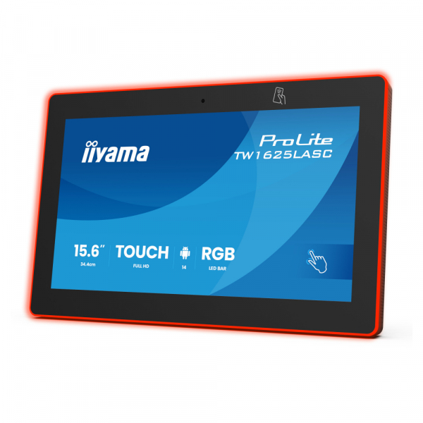Компютър IIYAMA TW1625LASC-B3PNR, Touch Panel PC, 15.6 inch, IPS panel, FHD 1920x1080, 450cd/m2, 1000:1, 20ms, PCAP touch, USB-C, 2x USB, LAN, PoE, MIc, Speakers, Android 14, RK3576 OC, 4GB, 32GB, WiFi, BT, 24/7, Webcam, NFC/RFID, RGB Led lightbar, VESA