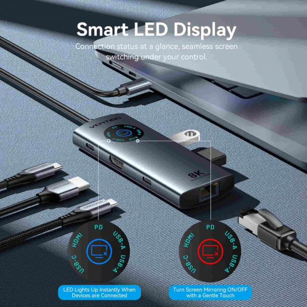 Vention докинг станция Docking Station Type-C - TQZHB - 8K, LED Display - HDMI, USB 3.0 x 2, USB-C 3.2 Gen 1, PD100W,  LAN (1Gbps)