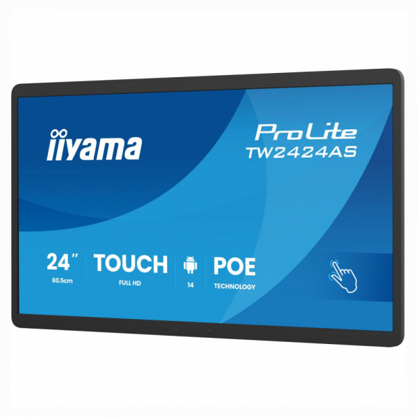 Тъч Компютър IIYAMA TW2424AS-B3P, 23.8 inch, IPS panel, FHD 1920x1080, 450cd/m2, 1000:1, 14ms, PCAP touch, USB-C, 2x USB, LAN, PoE, Mic, Speakers, Android 14 with GMS, 4GB, 32GB, WiFi, BT, 24/7, VESA, Black